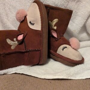 Just In Time For The holiday      Brown Reindeer Themed Boots with Pink Pom Poms